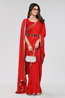 Nirvaan Embellished Daily Wear Lycra Blend Saree(Red)