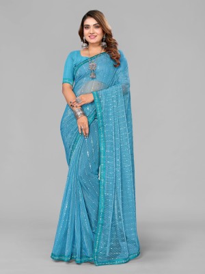 VIVIATRENDZ Embellished Bollywood Lycra Blend Saree(Light Blue)