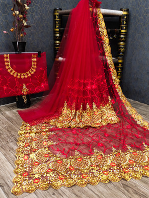 KHRITI FAB Embroidered, Floral Print Bollywood Net Saree(Red)
