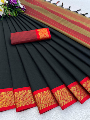KanjiQueen Checkered Jamdani Silk Blend, Cotton Blend Saree(Black, Red)