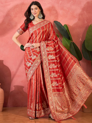 Sangria Self Design Saree with Attached Blouse Silk Blend Saree(Red)