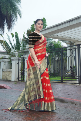 Aarunika SBT Embellished Bollywood Organza Saree(Red)