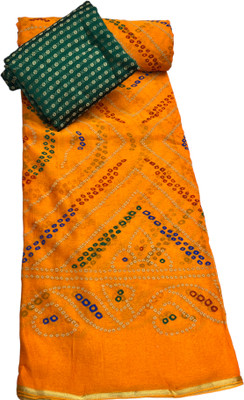 MINE CHOICE Embellished, Printed, Self Design Bandhani Georgette, Viscose Rayon Saree(Gold, Green)