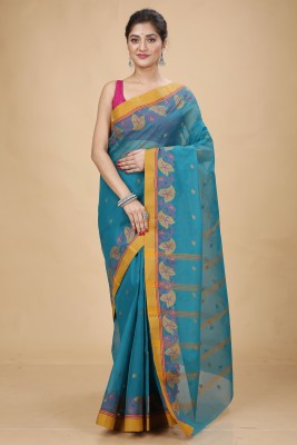 Tant Boutique Woven Tant Pure Cotton Saree(Blue)