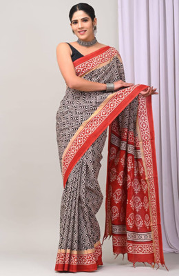 Rashmiwala Digital Print Bollywood Cotton Linen Saree(Black, Red)