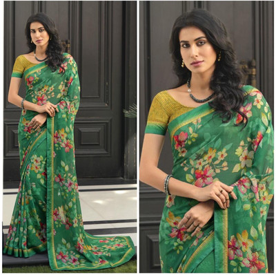 SARIK Printed, Self Design, Graphic Print, Floral Print, Checkered, Solid/Plain Bollywood Georgette, Chiffon Saree(Green)