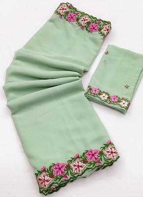 Sanginni Embroidered, Floral Print Bollywood Georgette Saree(Light Green)