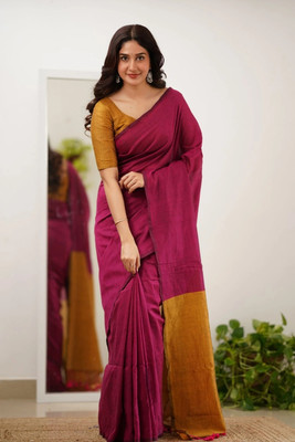 GOLU Solid/Plain Handloom Cotton Blend Saree(Pink, Mustard)
