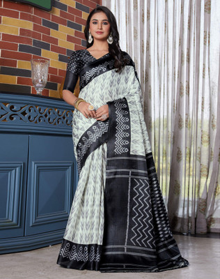SIRIL Self Design Ikkat Cotton Blend Saree(White, Black)
