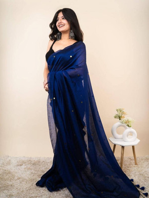 Amita Collections Embellished Handloom Pure Cotton Saree(Blue)