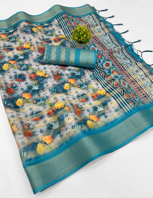 JASH FASHION Digital Print Bollywood Dupion Silk Saree(Blue)