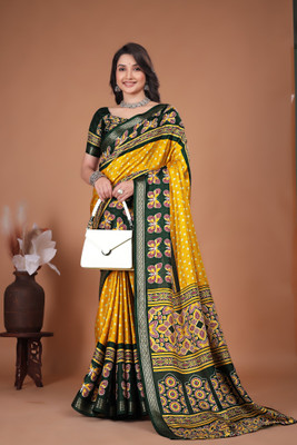 Tasrika Floral Print Bandhani Semi-Pashmina Saree(Mustard)