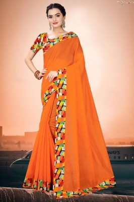 manish Solid/Plain Chanderi Cotton Blend Saree(Orange)