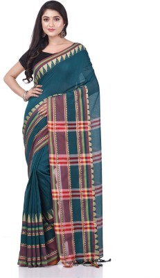 Desh Bidesh Striped, Temple Border, Woven, Self Design Handloom Handloom Cotton Blend, Pure Cotton Saree(Blue)