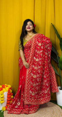 Dona Sharee Embroidered Bollywood Silk Blend Saree(Pink)