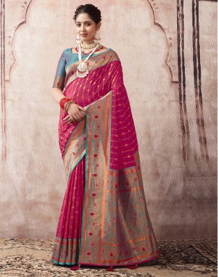 Satrani Woven, Embellished Banarasi Silk Blend, Pure Silk Saree(Pink, Blue)