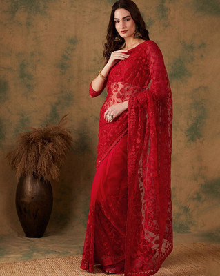 zili Embroidered Bollywood Net Saree(Red)