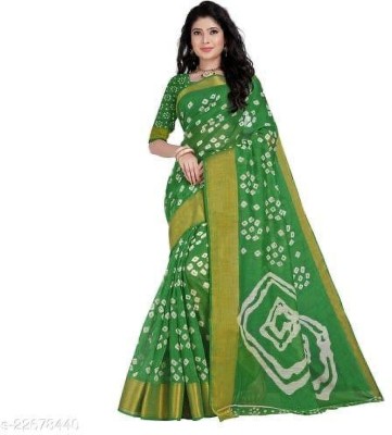 Harshiv Enterprise Printed Bandhani Cotton Blend Saree(Green)