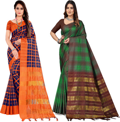 PRIYANSH CREATION Checkered Daily Wear Cotton Blend Saree(Multicolor)