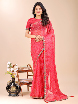 HouseOfCommon Printed Bandhani Polyester, Georgette Saree(Red)