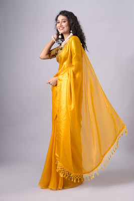 AVM SILK MILLS Solid/Plain Bollywood Satin Saree(Yellow)