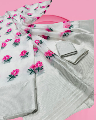 Mugaara Embroidered Mekhela Chador Cotton Blend Saree(White)