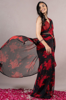 MIRCHI FASHION Printed, Floral Print Bollywood Georgette Saree(Black, Red)