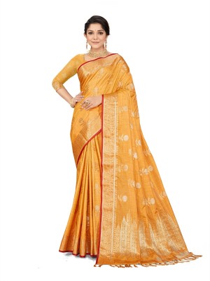 Manokamna Printed Banarasi Silk Blend Saree(Yellow)