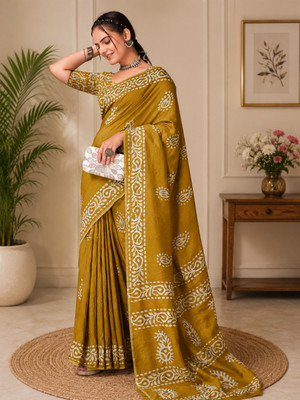 kiaan fashion Printed Bollywood Pure Cotton Saree(Mustard)