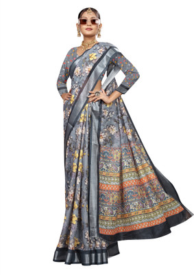 Gajal Printed Kanjivaram Pure Cotton, Cotton Linen Saree(Grey)