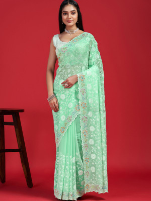 odette Embroidered Saree with Attached Blouse Georgette Saree(Green)
