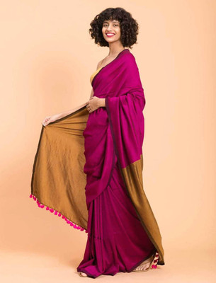 BN Fashion Solid/Plain Handloom Cotton Blend Saree(Magenta, Gold)