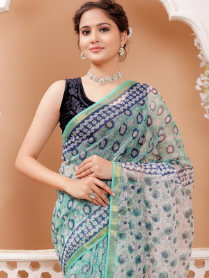 Taavi Floral Print Daily Wear Cotton Blend Saree(Green)