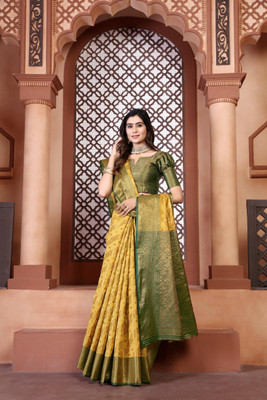 LAVYANSH CREATION Printed Banarasi Silk Blend, Jacquard Saree(Yellow)