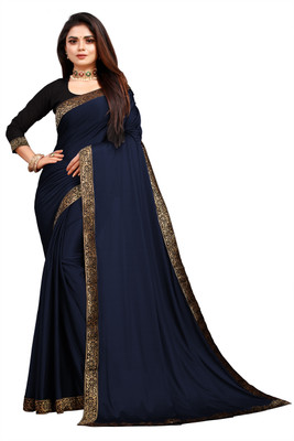 GUNHILD Self Design, Solid/Plain Bollywood Lycra Blend Saree(Dark Blue)