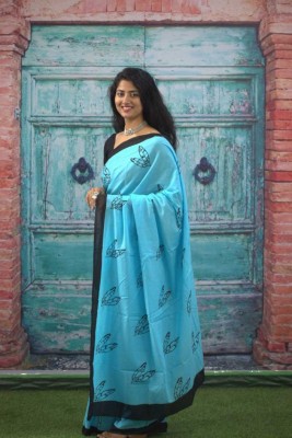 JAIPURI BLOCK PRINT Blocked Printed, Color Block, Dyed, Floral Print, Printed Daily Wear Pure Cotton Saree(Light Blue)