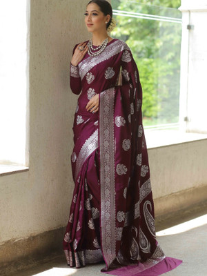 QENY Printed Banarasi Pure Silk, Art Silk Saree(Purple)