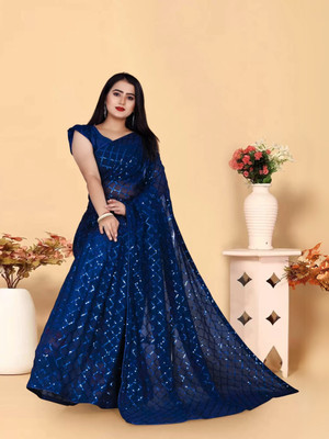 Clemira Checkered, Embellished Bollywood Georgette Saree(Blue)