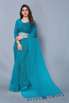 TEXROK Printed Daily Wear Net Saree(Blue)