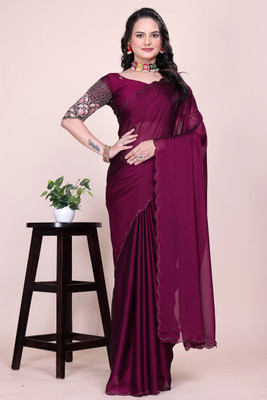 Ttex Solid/Plain Maheshwari Chiffon Saree(Purple)