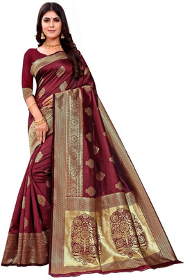 ETHNICHITZ Woven, Self Design Kanjivaram Pure Silk, Cotton Silk Saree(Maroon, Gold)