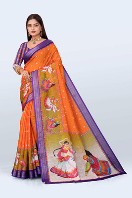 THEPRINTEMPIRE Printed Bollywood Cotton Linen Saree(Orange)