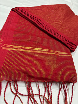 aryaraj Striped Handloom Cotton Blend Saree(Red)