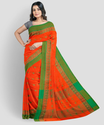 Reba saree center Woven Tant Pure Cotton Saree(Green, Orange)