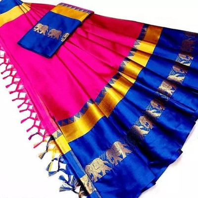 Mortal Textile Printed Handloom Cotton Silk Saree(Cream)
