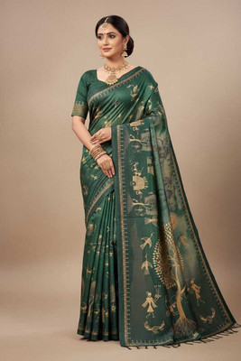 K 5 FASHION Digital Print Bollywood Cotton Silk Saree(Dark Green)