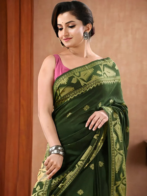 TANTLOOM Self Design Bollywood Cotton Silk Saree(Dark Green)