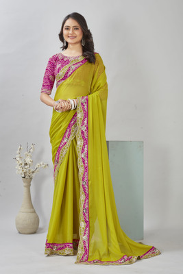 Evaan design Embroidered Bollywood Chiffon Saree(Yellow)