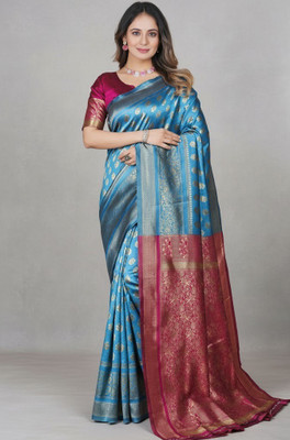 MADHAV Printed Kanjivaram Linen Saree(Blue)