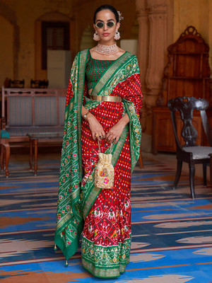 ANOUK Embellished Patola Silk Blend Saree(Red)